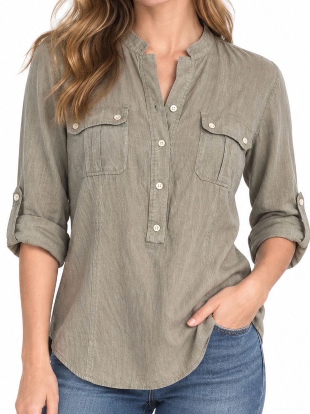 Talbots Women’s Size 8 Olive Gray Utility Tunic Blouse Roll Tab Sleeve Coastal